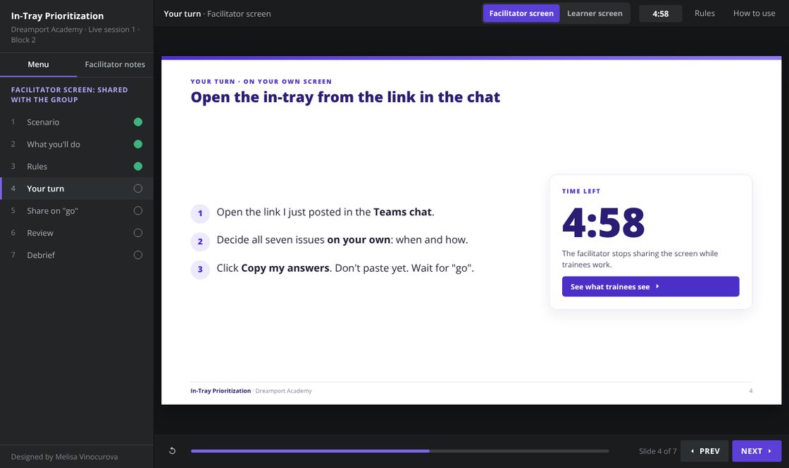 Facilitator screen: Your turn slide with three steps and a 5-minute timer