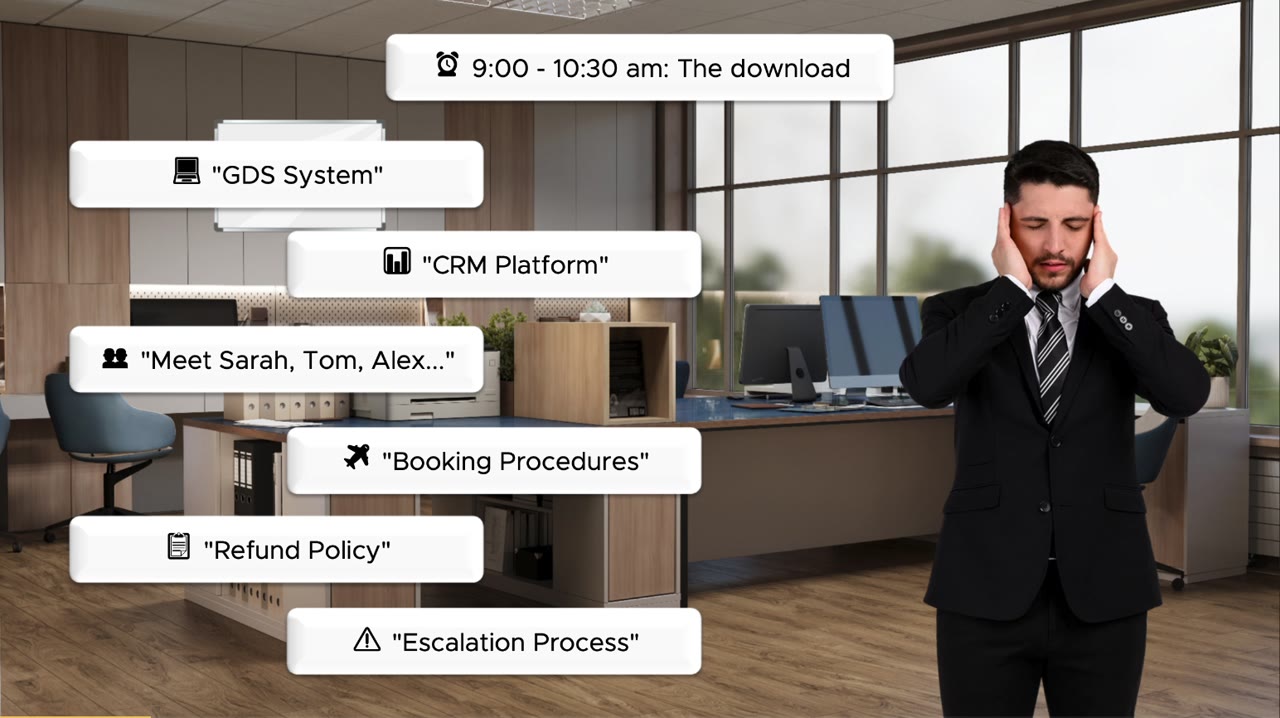 The new agent surrounded by labels: GDS, CRM, ten names, booking procedures, refund policy