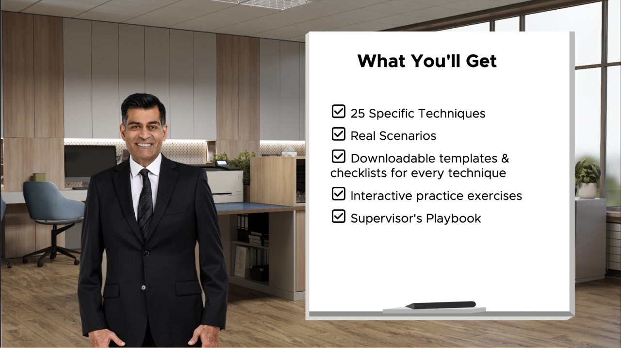 Course intro screen listing 25 techniques, scenarios, templates, practice exercises and a playbook