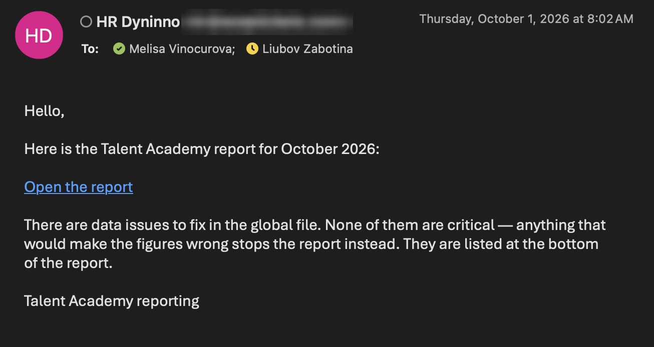 Monthly email with a link to the October 2026 Talent Academy report and a note about data issues