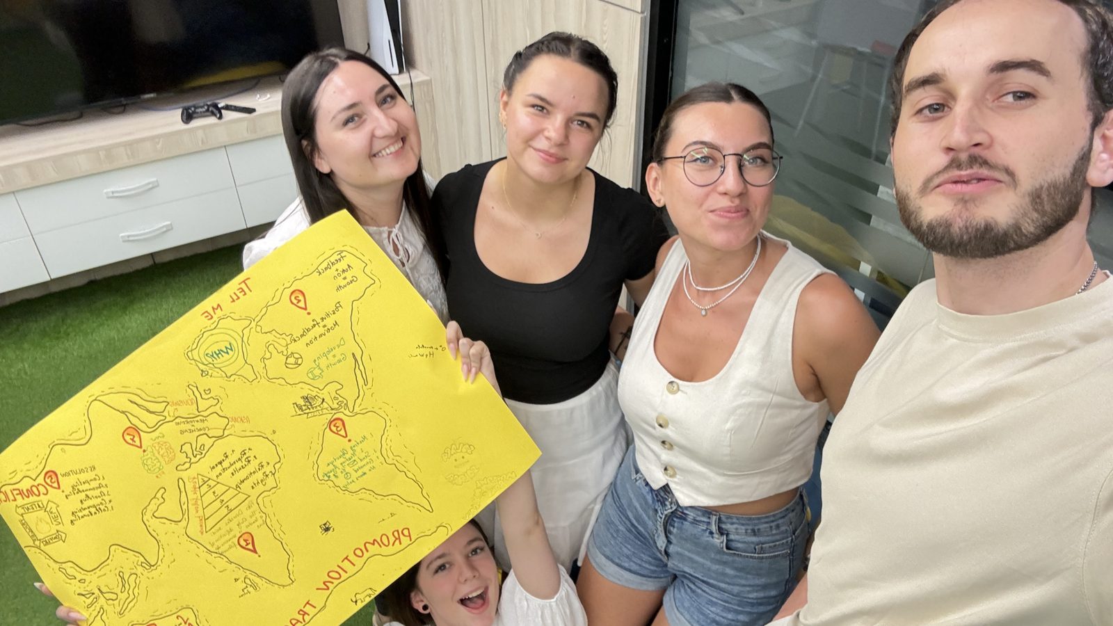 Five pilot trainees holding a yellow poster of the promotion track they drew